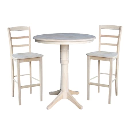 International Concepts Round 36 in Rd Extension Dining Table 40.9 inH, 2 Madrid Bar Ht Stools, Unfinished, 36 in W, 48 in L K-36RXT-27B-S403-2